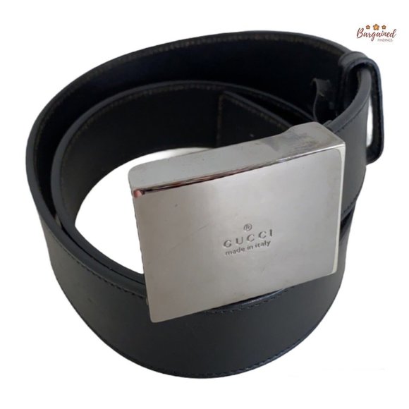 Authentic Gucci Black Calfskin Leather Silver Square w/ Logo Buckle Belt 85/34 - Picture 1 of 13